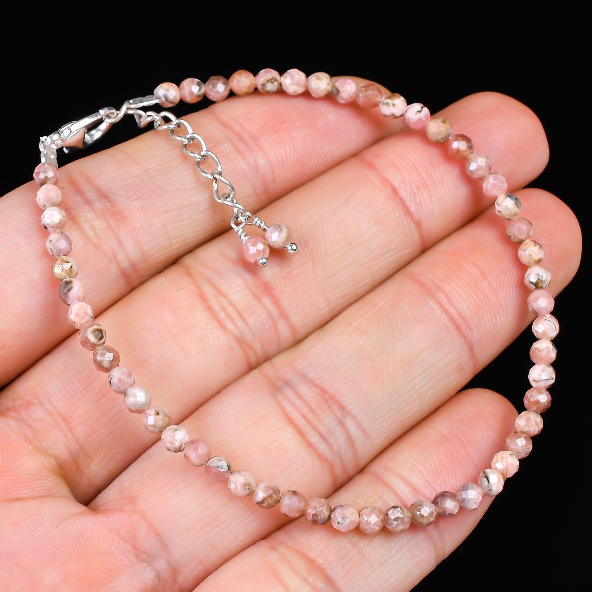 Natural Rhodochrosite Micro-Faceted Beads Bracelet | Pink Gemstone
