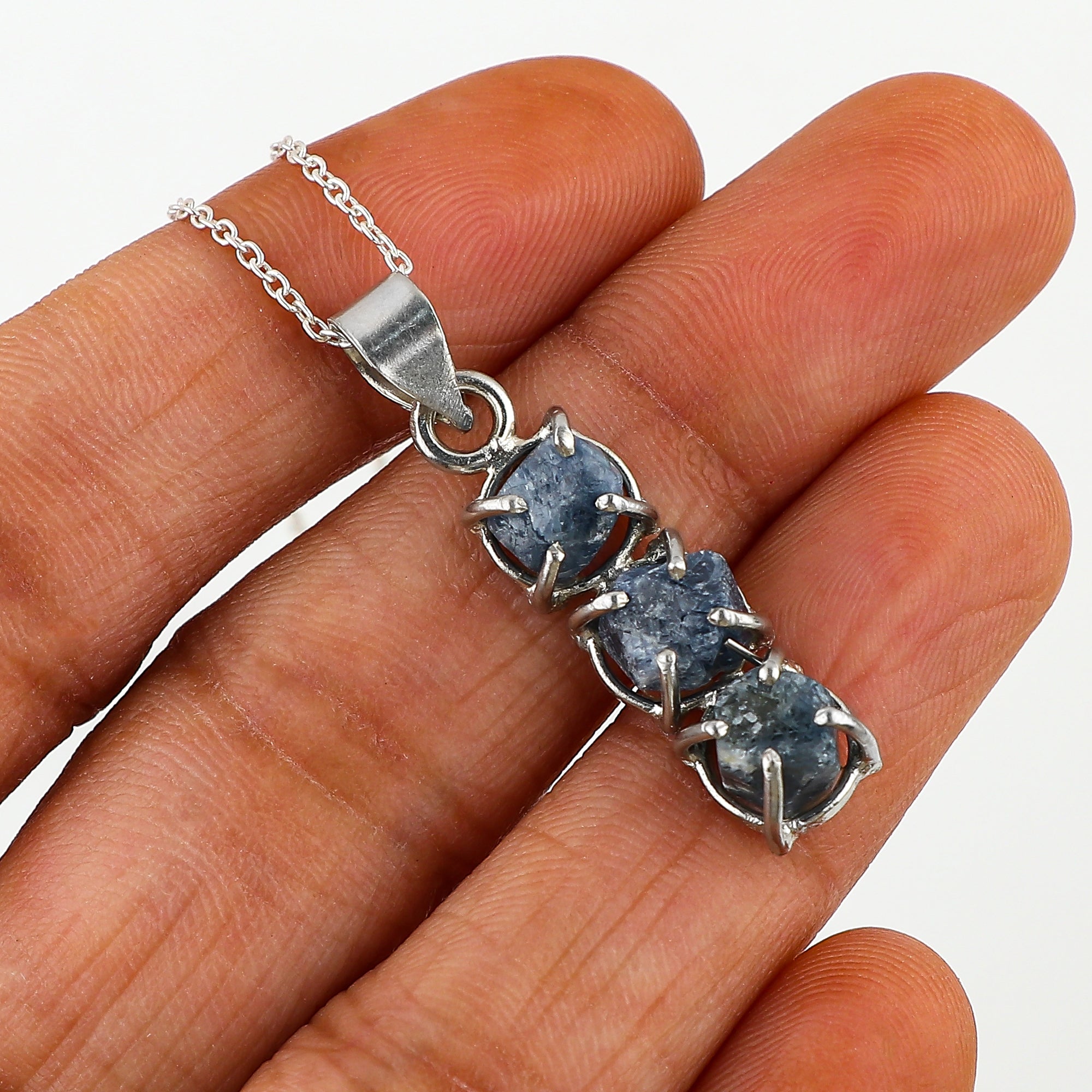 Silver Plated Sapphire Raw Crystal Pendant Necklace for Chakra and Zodiac Healing