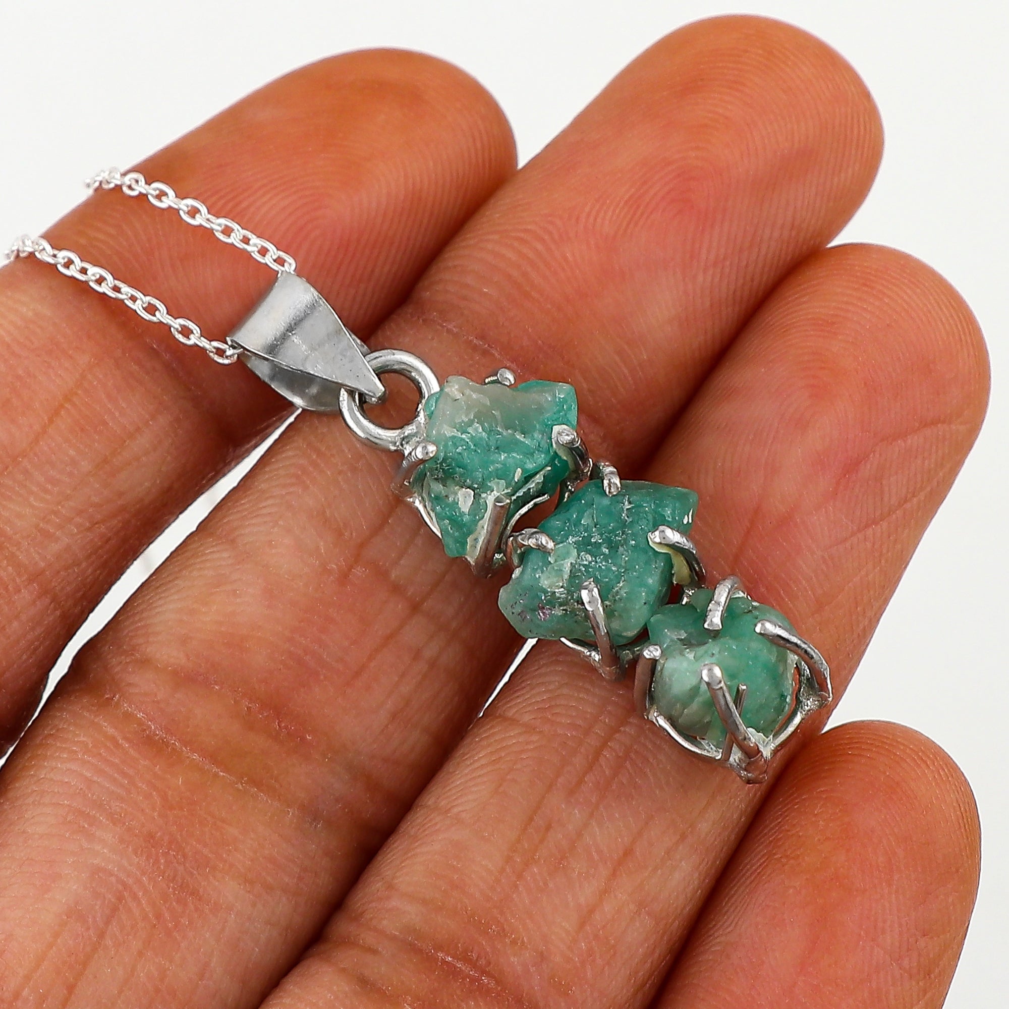 May Birthstone Emerald Raw Crystal Pendant Necklace for Women