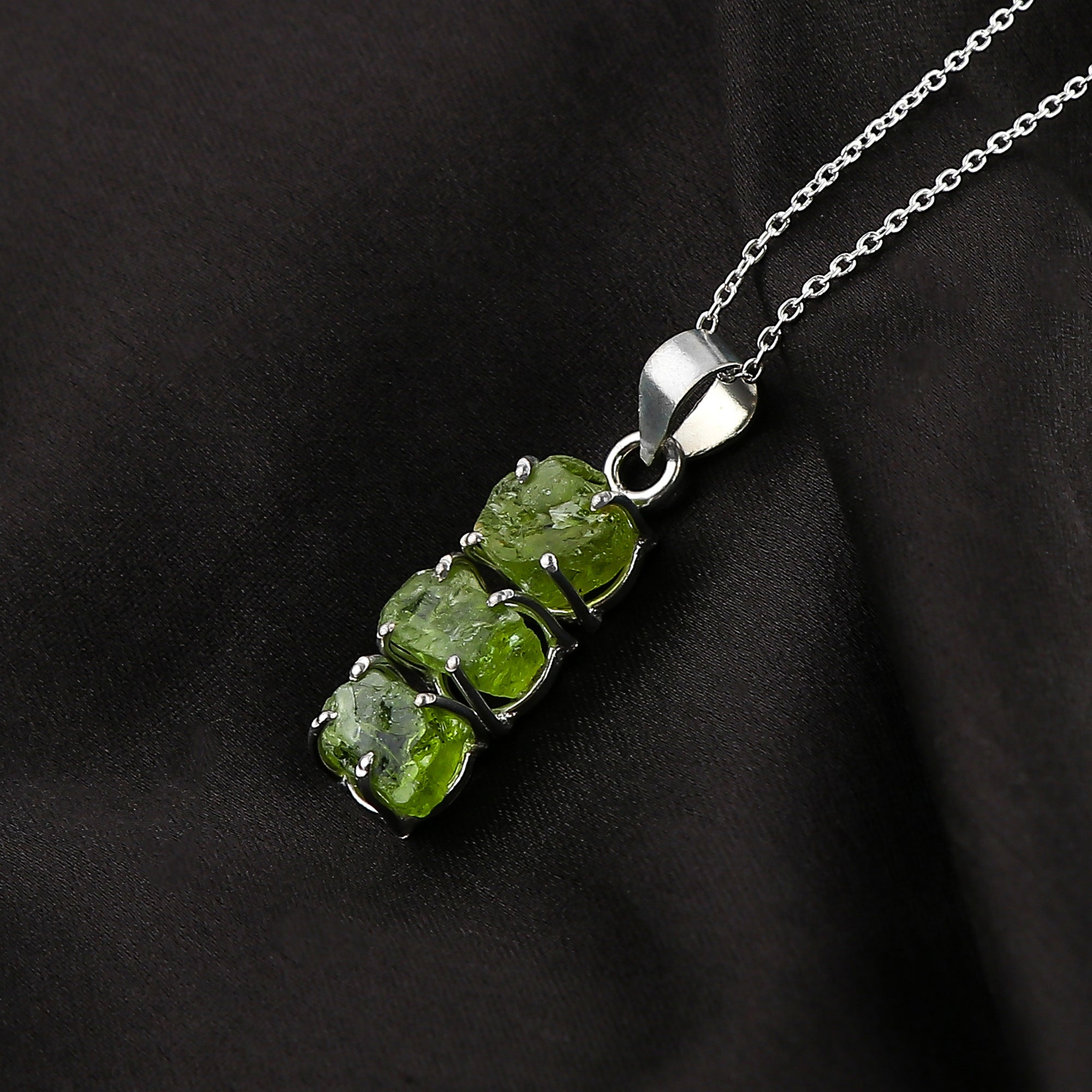 Dainty Raw Peridot Pendant Necklace in Silver Plated Brass for August Birthstone