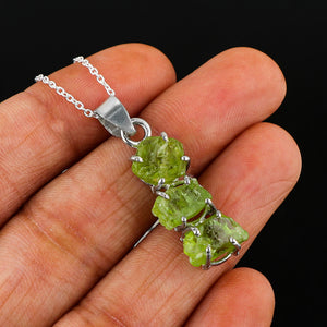Silver Plated Raw Peridot Crystal Pendant Necklace for Energy Healing and Gifts