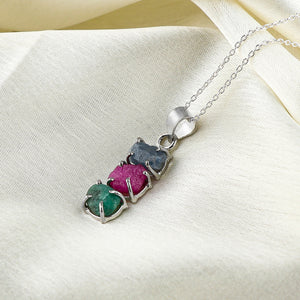 Natural Sapphire, Emerald, Ruby Raw Crystal Pendant Necklace with Healing energies