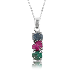 Sapphire, Ruby, Emerald Raw Crystal Pendant Necklace with Sterling Silver Plating
