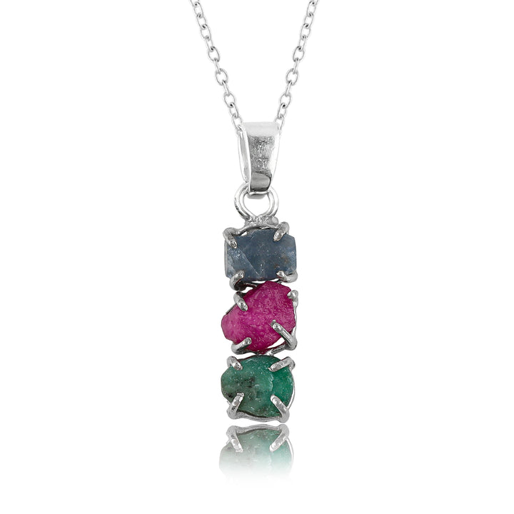 Sapphire, Ruby, Emerald Raw Crystal Pendant Necklace with Sterling Silver Plating