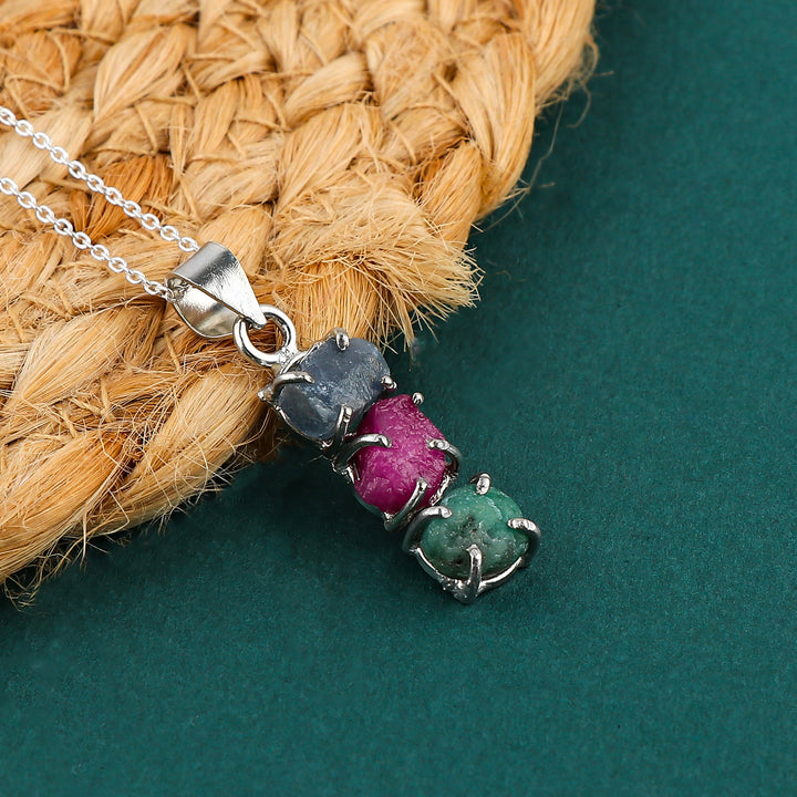 Mutli-color Gemstone Pendant Necklace featuring Sapphire, Emerald, And Ruby