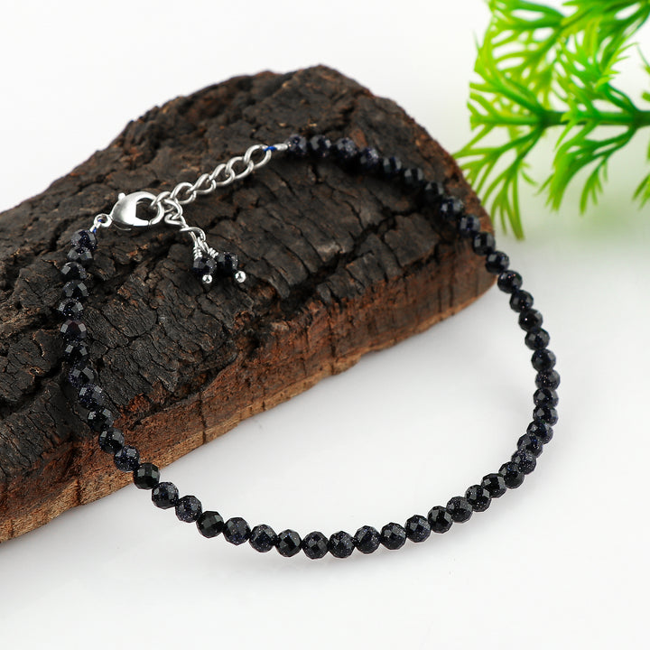 Natural Blue Sunstone Gemstone Micro Round Beads Bracelet, Birthstone Healing Crystal