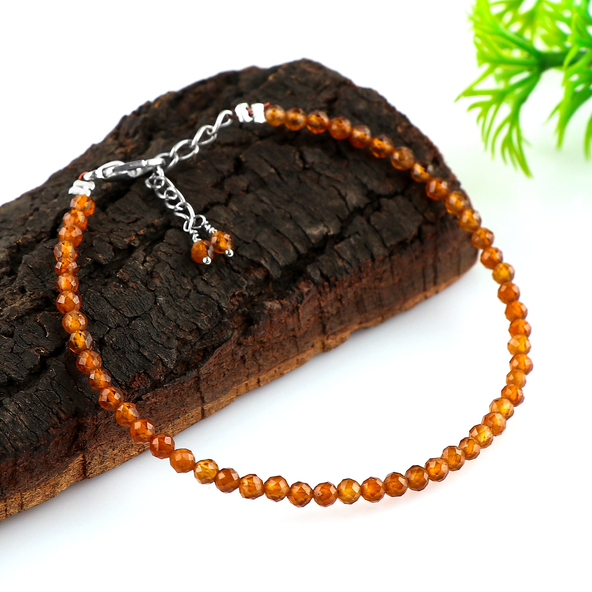 Natural Hessonite Garnet Micro-Faceted Beads Bracelet | Orange Gemstone