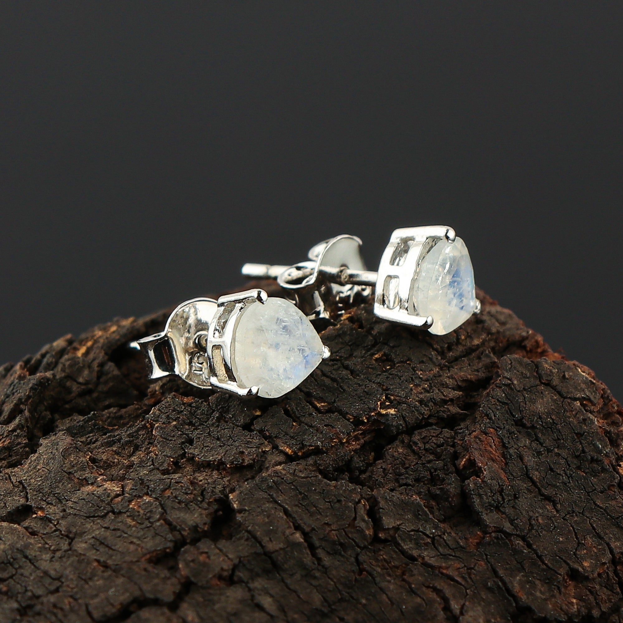 Elegant Moonstone Heart‑Shape Stud Earrings | Natural Gemstone Silver Jewelry