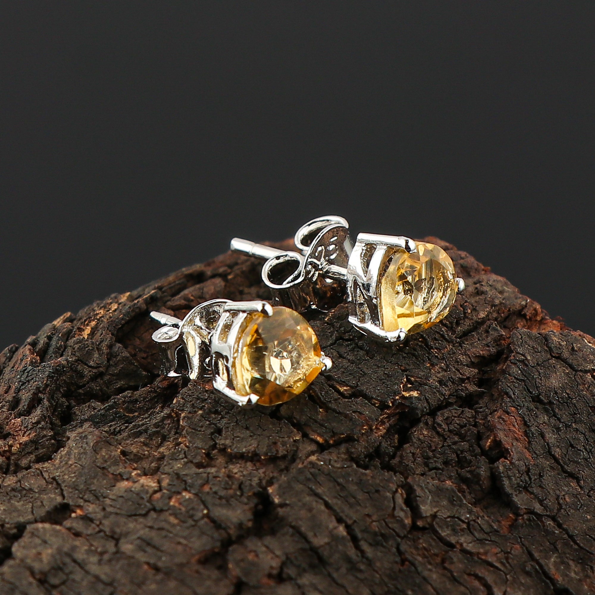Natural Madeira Citrine Crystal Stud Earrings | Heart‑Shape Gem in 925 Sterling Silver