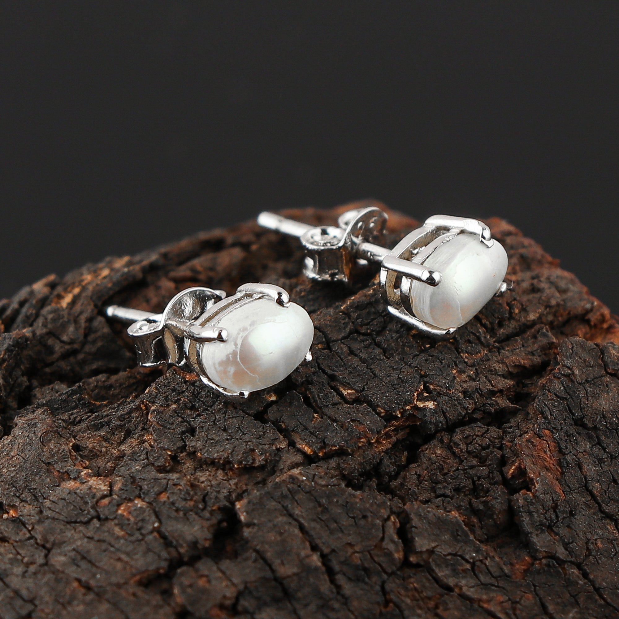 Natural White Pearl Oval Stud Earrings 925 Sterling Silver | Elegant Gemstone Jewelry