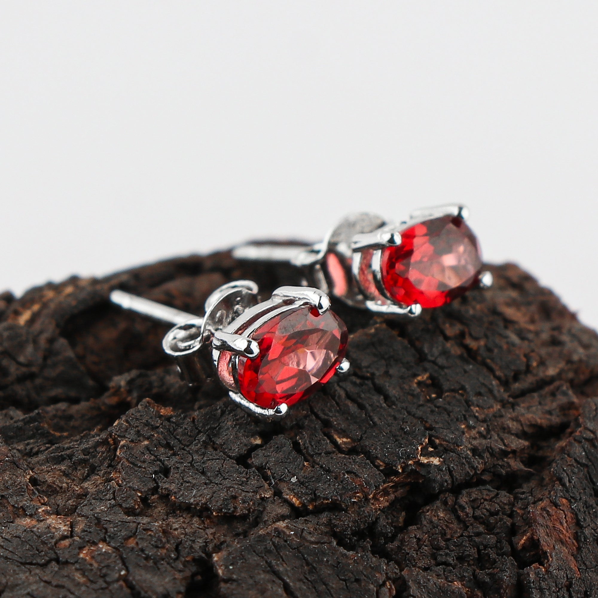 Red Garnet Crystal Stud Earrings | Brilliant‑Cut Oval Natural Gem in 925 Sterling Silver