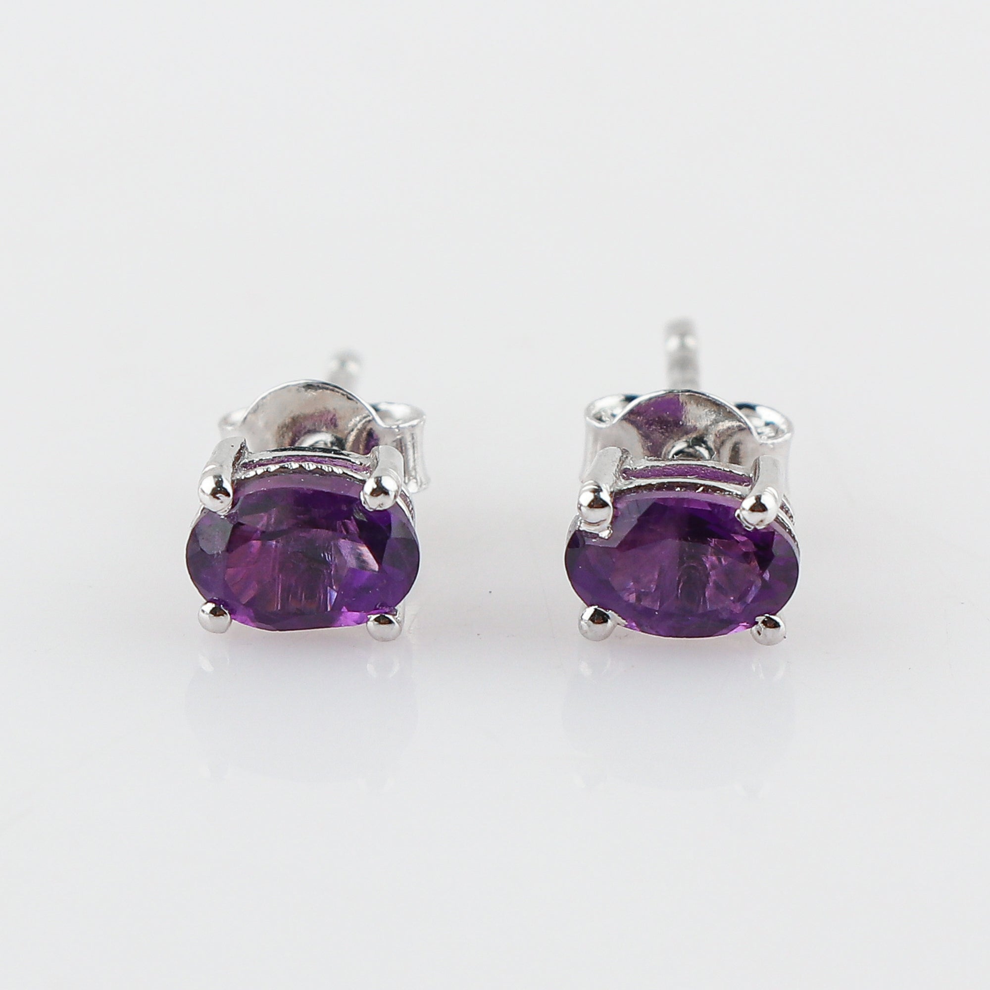 Natural Amethyst Crystal Oval Shape Brilliant Cut Gemstone Stud Earrings