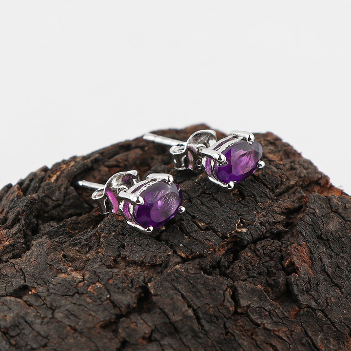 Natural Amethyst Crystal Oval Shape Brilliant Cut Gemstone Stud Earrings