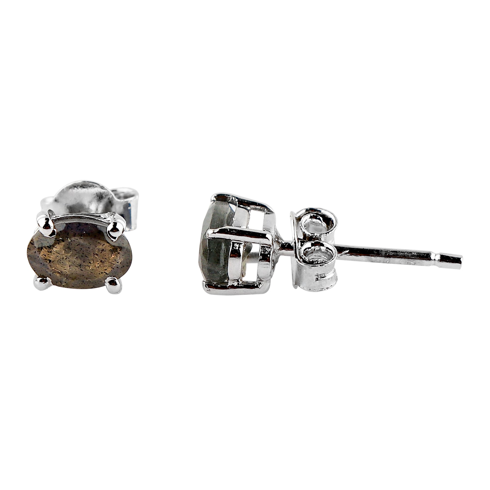 Natural Labradorite Crystal, Oval Shape 925 Silver Brilliant Cut Gemstone Stud Earrings