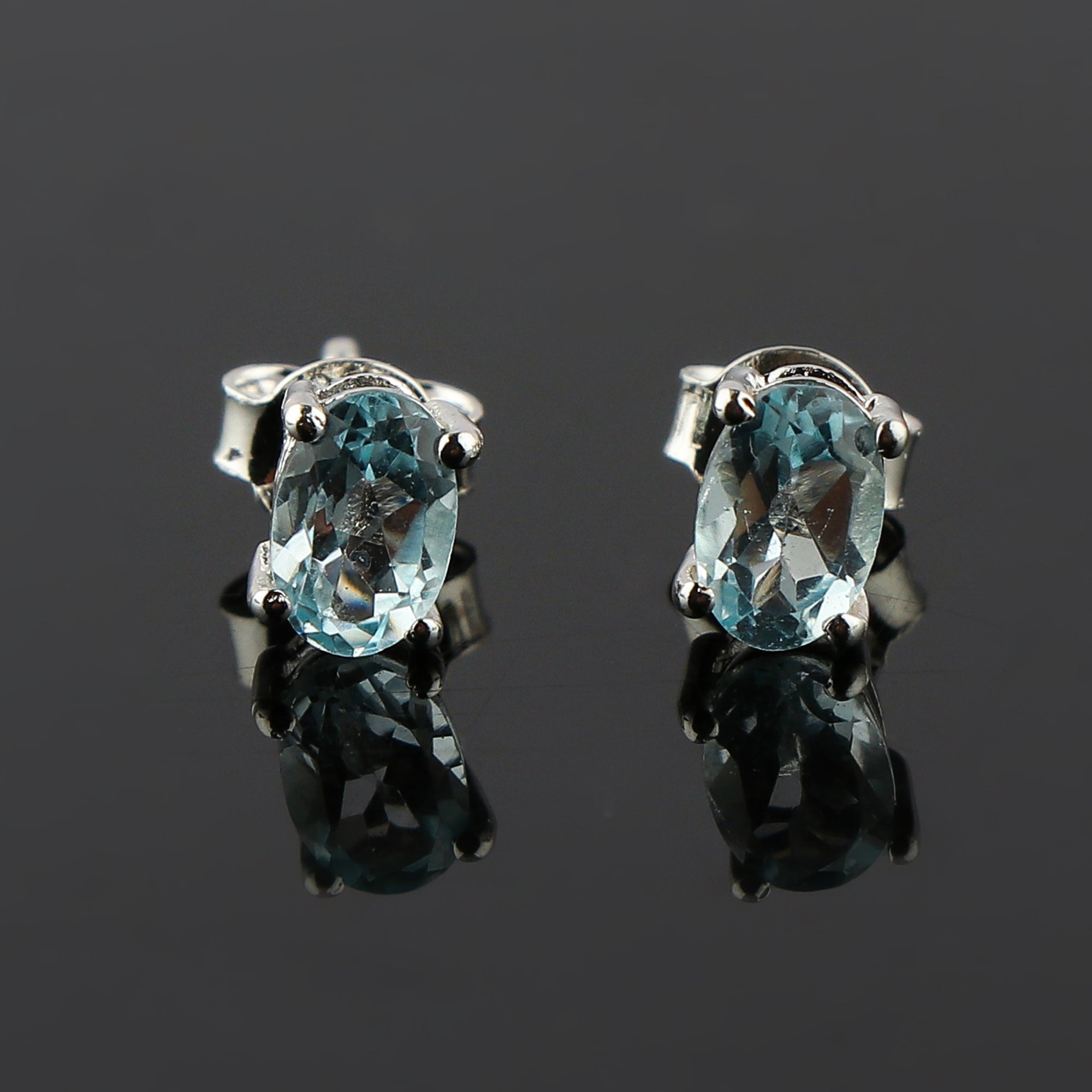 Natural Blue Topaz Oval Stud Earrings – 925 Silver, Brilliant Cut Gemstone Jewelry