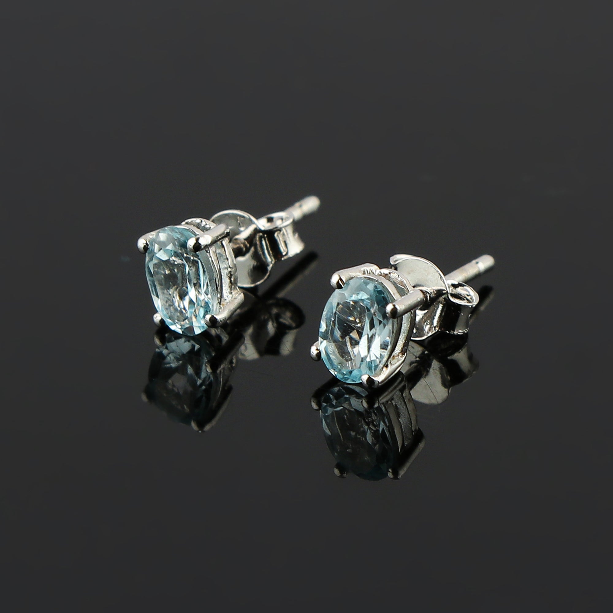 Natural Blue Topaz Oval Stud Earrings – 925 Silver, Brilliant Cut Gemstone Jewelry