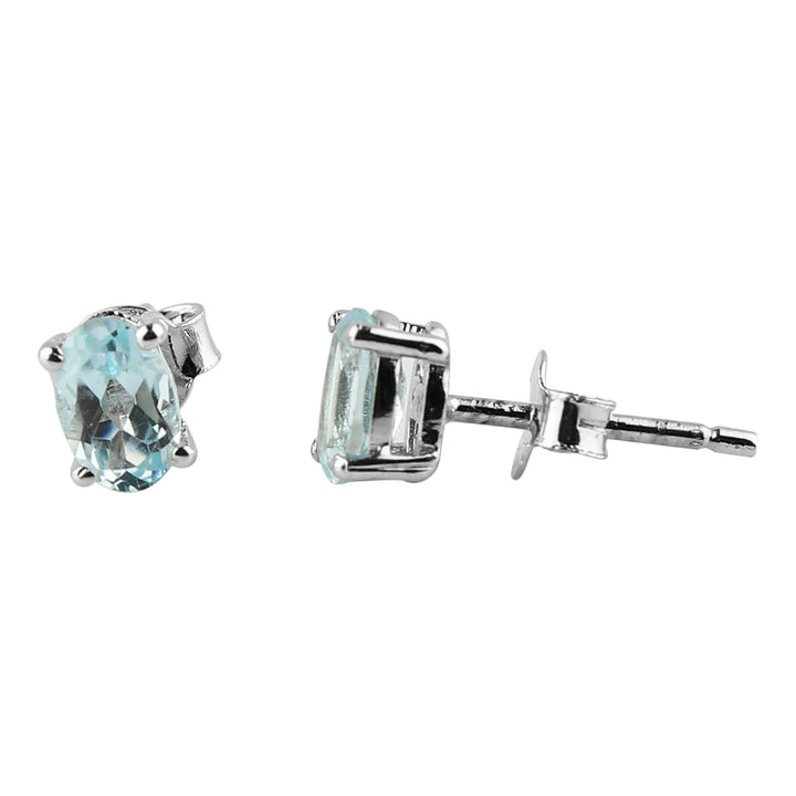 Natural Blue Topaz Oval Stud Earrings – 925 Silver, Brilliant Cut Gemstone Jewelry