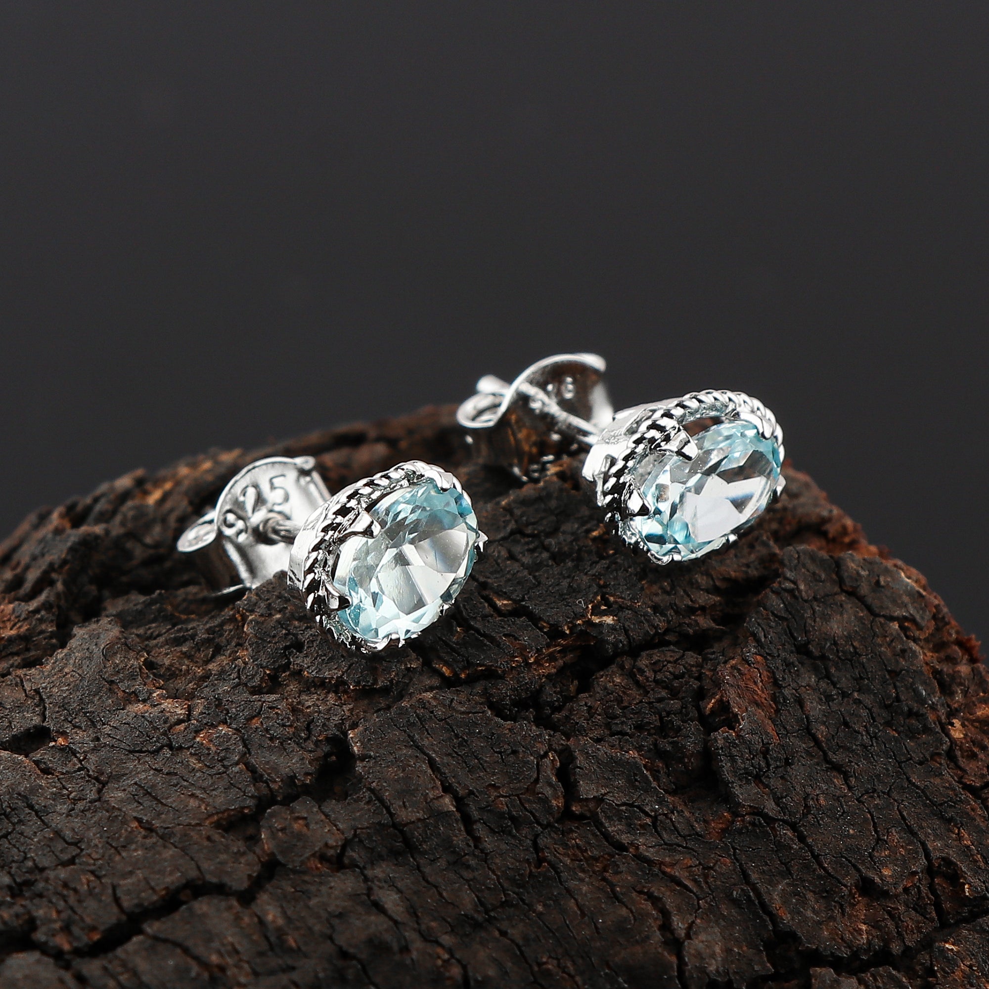 Natural Gemstone Sky Blue Topaz Stud Earrings for Women