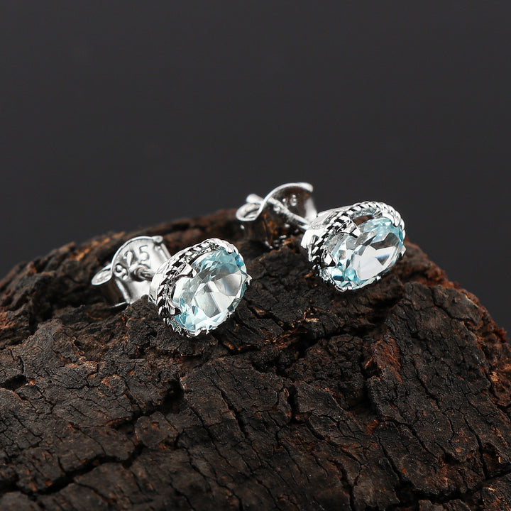 Natural Gemstone Sky Blue Topaz Stud Earrings for Women
