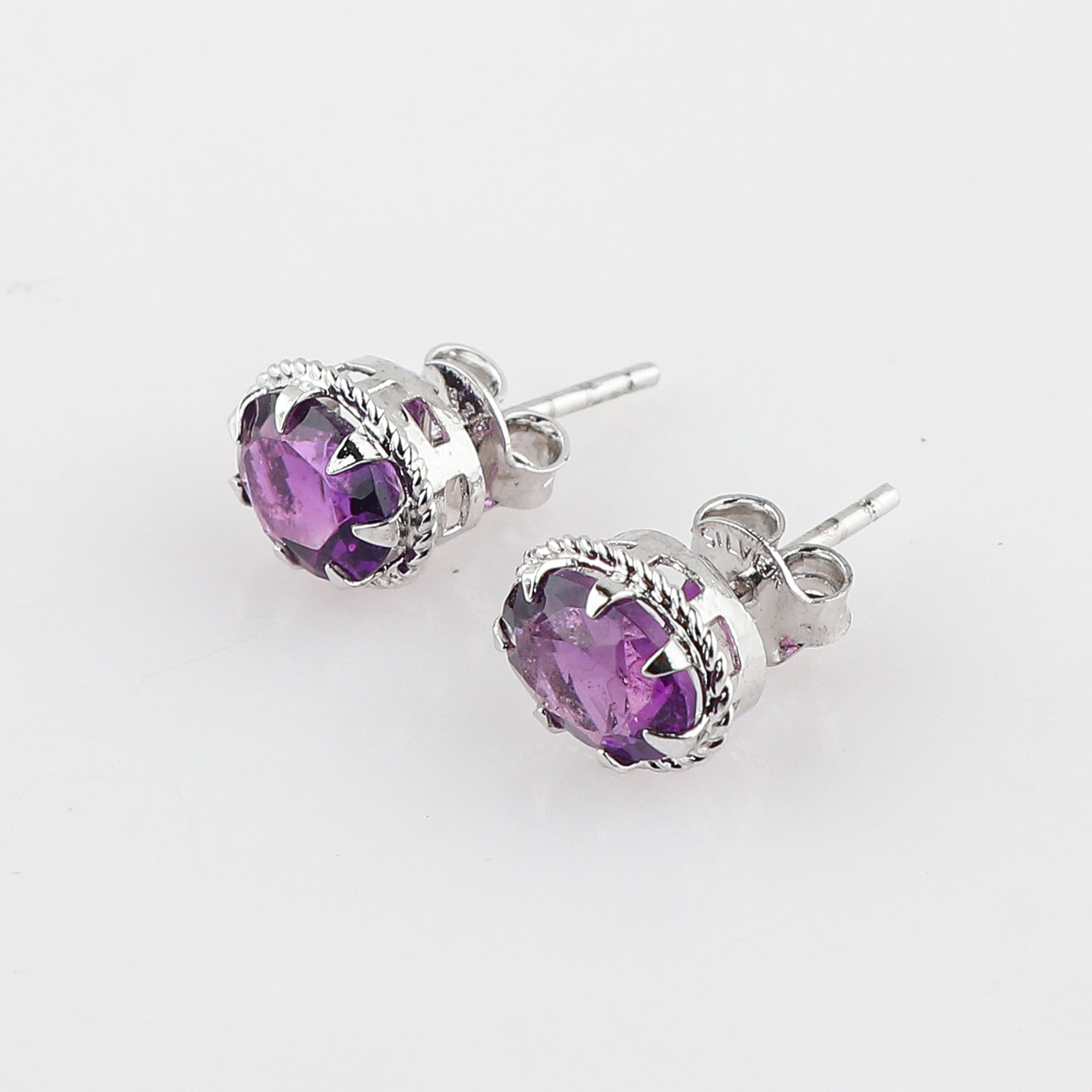 Prong setting Natural Amethyst Stud Earring for Women