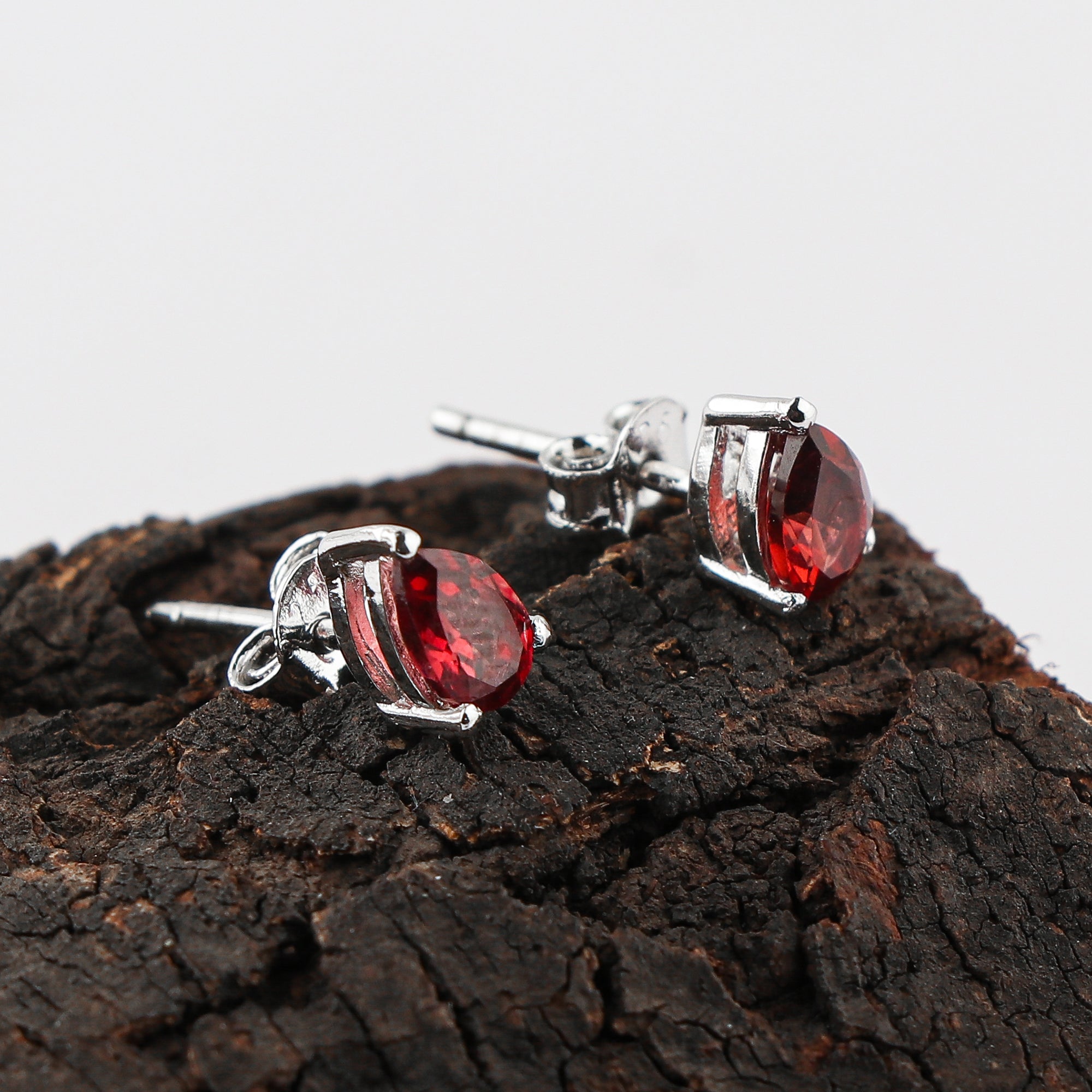 Natural Garnet Gemstone Stud Earrings in Pear Shape