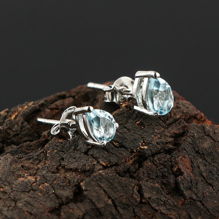 Fine Jewelry Stud Earrings in Natural Sky Blue Topaz Gemstone, Chakra Energy Healing Gemstone