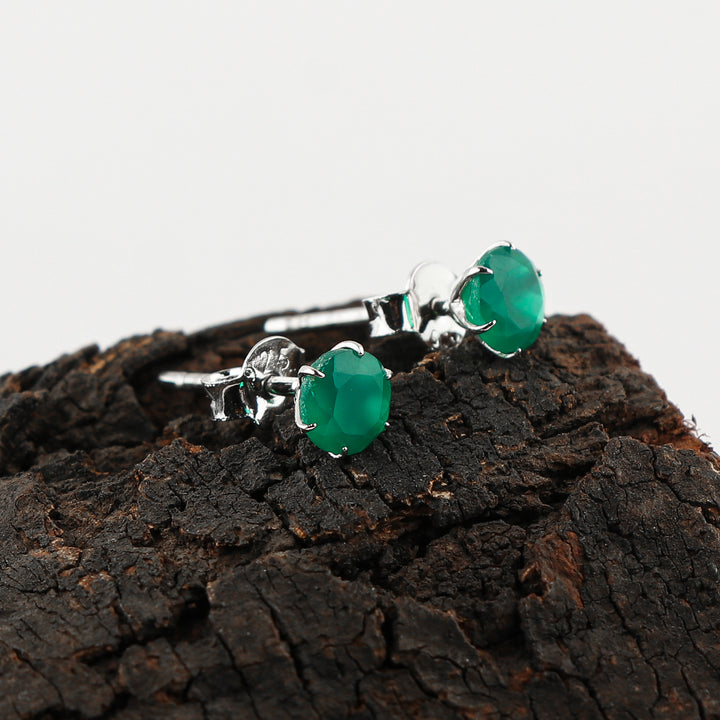 Perfect Round Shape Green Onyx Natural Gemstone Stud Earring for Women