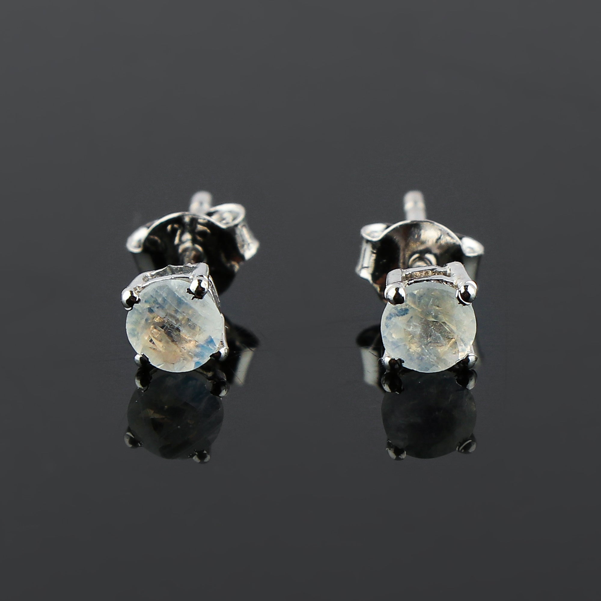 Natural Moonstone Round Shape Stud Earrings | 4x4mm Round Brilliant Cut | AA+ Quality | 925 Sterling Silver