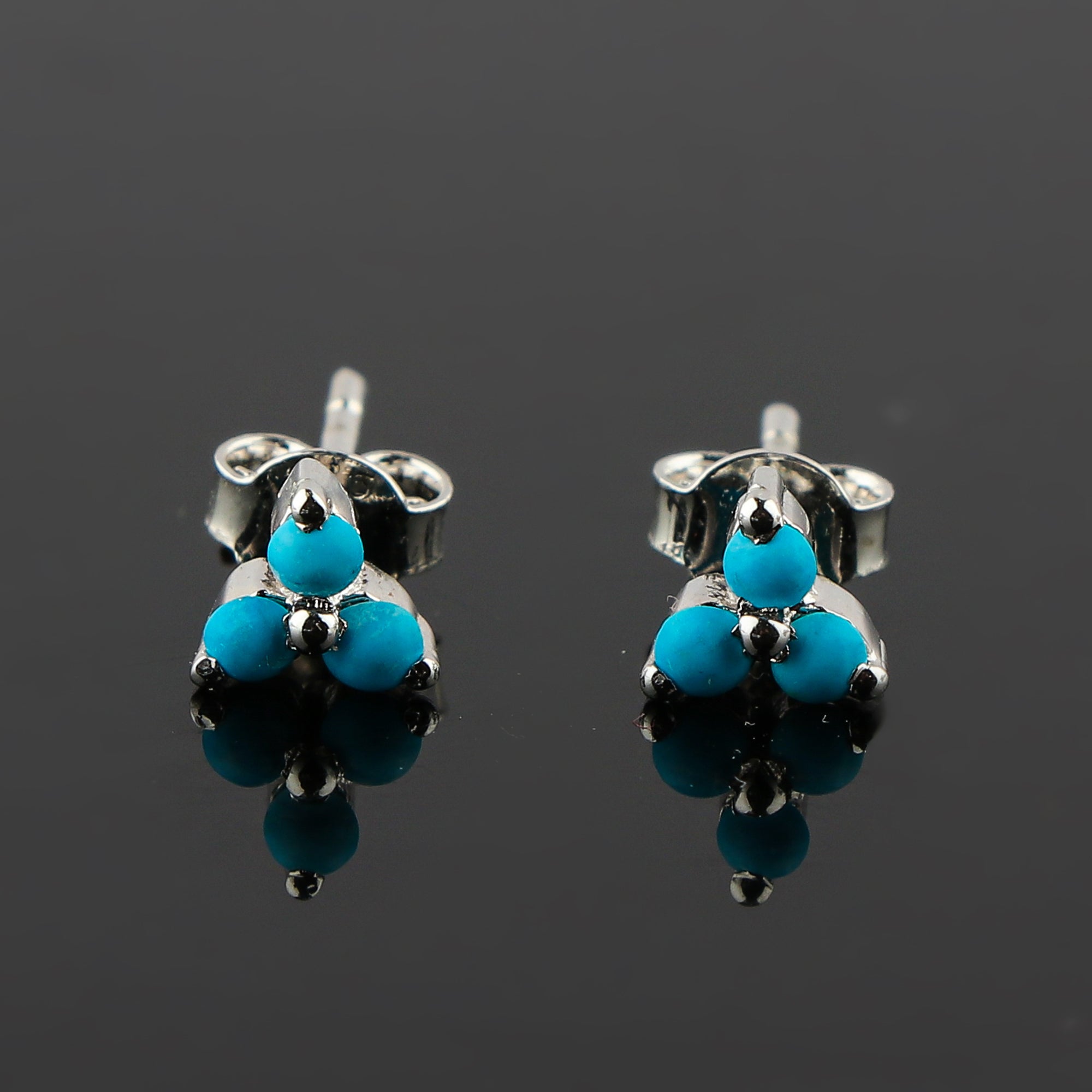 Natural TURQUOISE 3 STONE FLOWER Crystals Round Shape Stud Earring For Women, Blue Real Crystal Birthstone, Perfect for Gifting