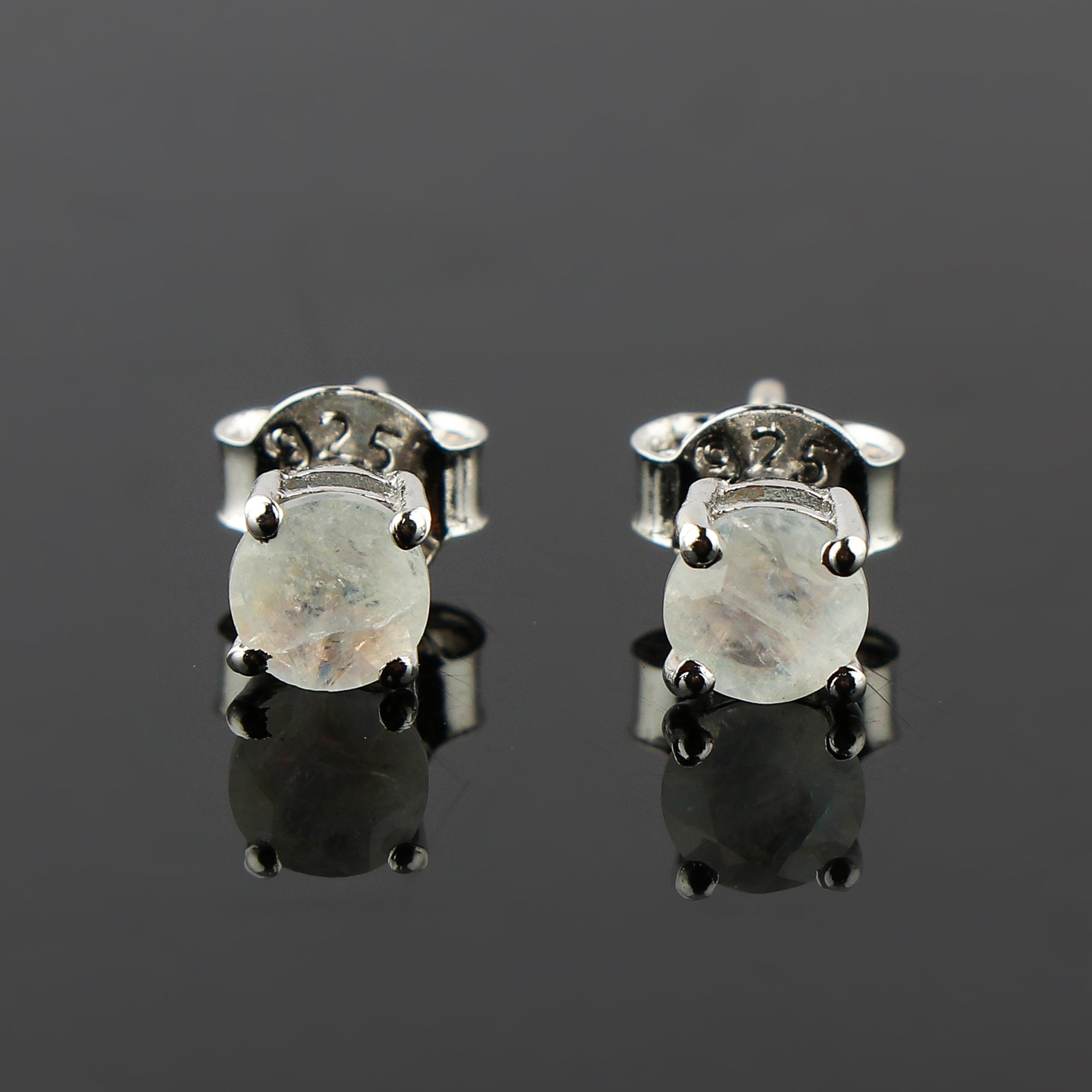 Natural Moonstone Round Stud Earrings | 5x5mm Brilliant Cut | 925 Sterling Silver | AA+ Quality