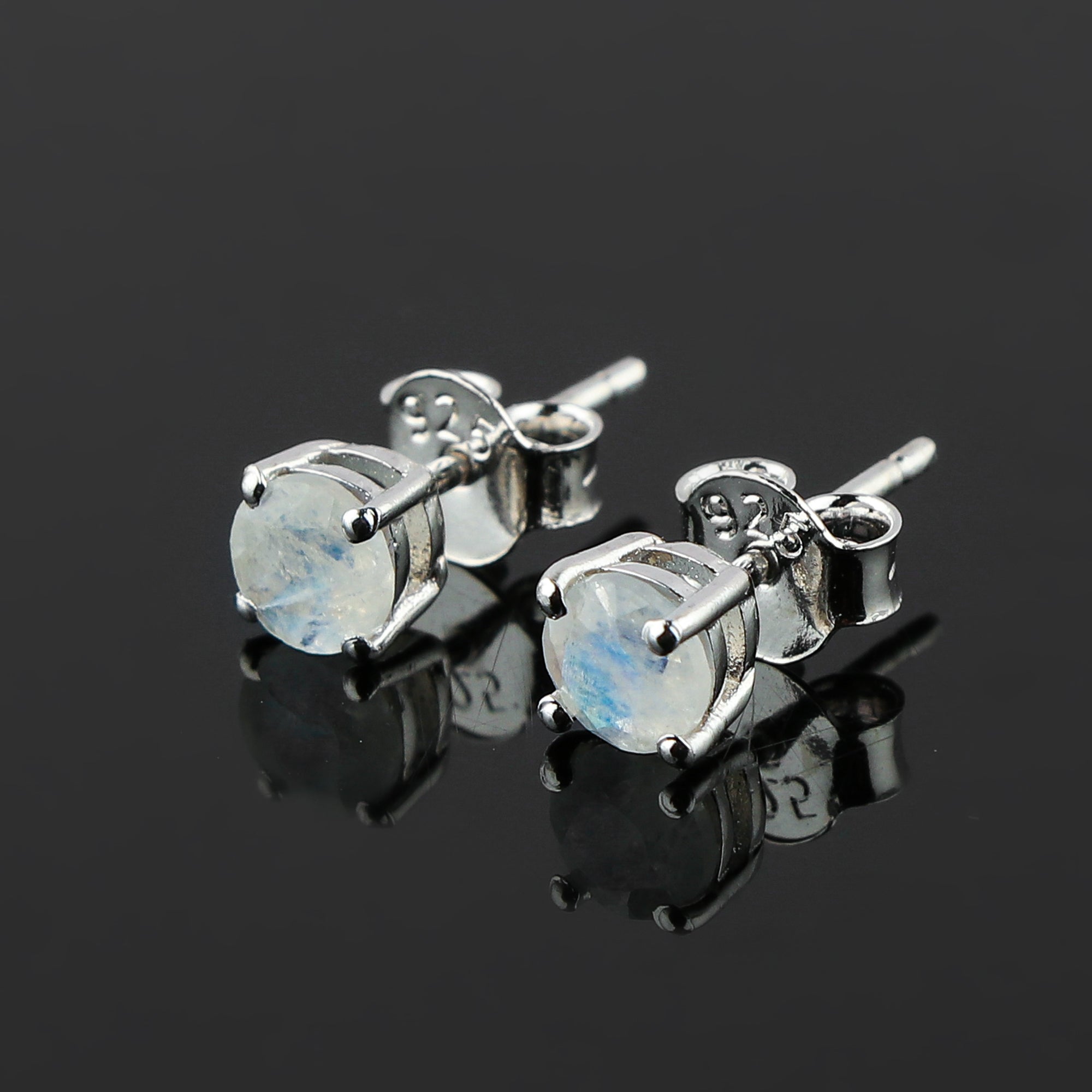Natural Moonstone Round Stud Earrings | 5x5mm Brilliant Cut | 925 Sterling Silver | AA+ Quality