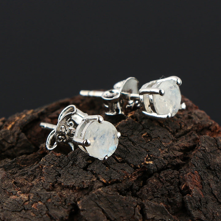 Natural Moonstone Round Stud Earrings | 5x5mm Brilliant Cut | 925 Sterling Silver | AA+ Quality