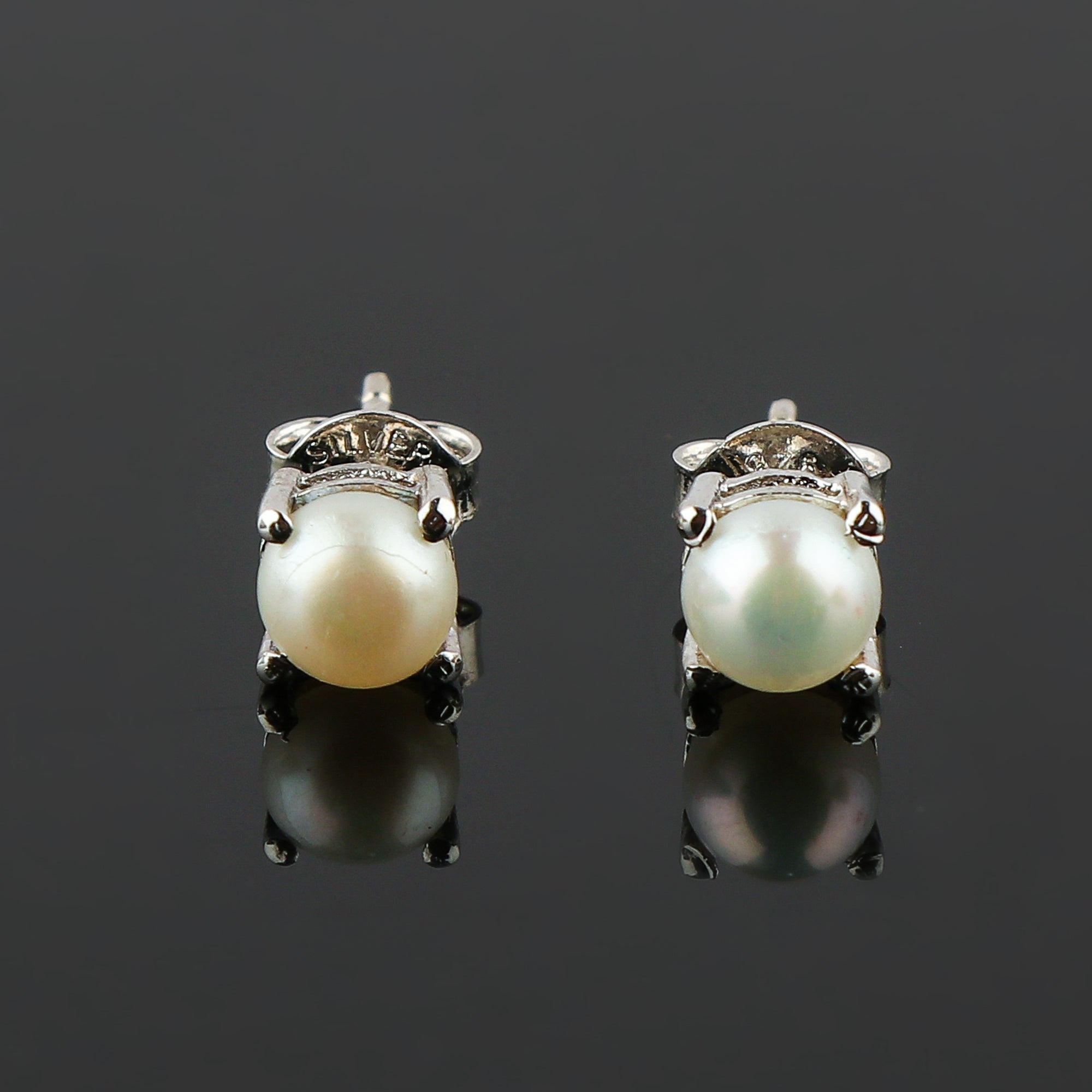 Natural Pearl Round Stud Earrings for women in Cabochon Cut (6x6 mm) | 925 Sterling Silver | AA++ Quality