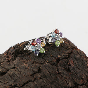 Brilliant Cut Multi-Color Gemstone 7 Flower Design Stud Earrings in 925 Sterling Silver