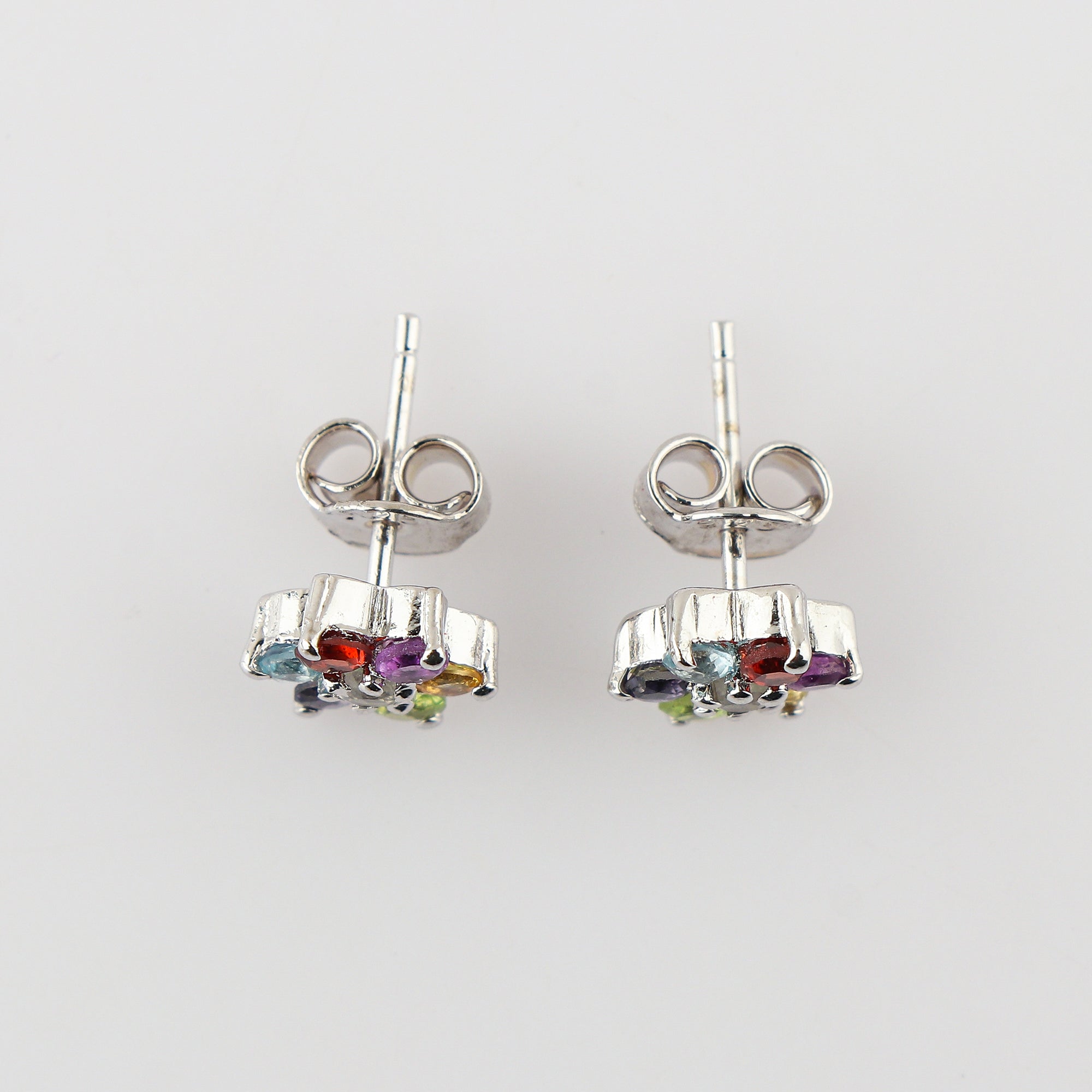 Fashion Upgradation with 7 Multi-color Gemstone Flower Stud Earrings in AA+, 925 Sterling Silver