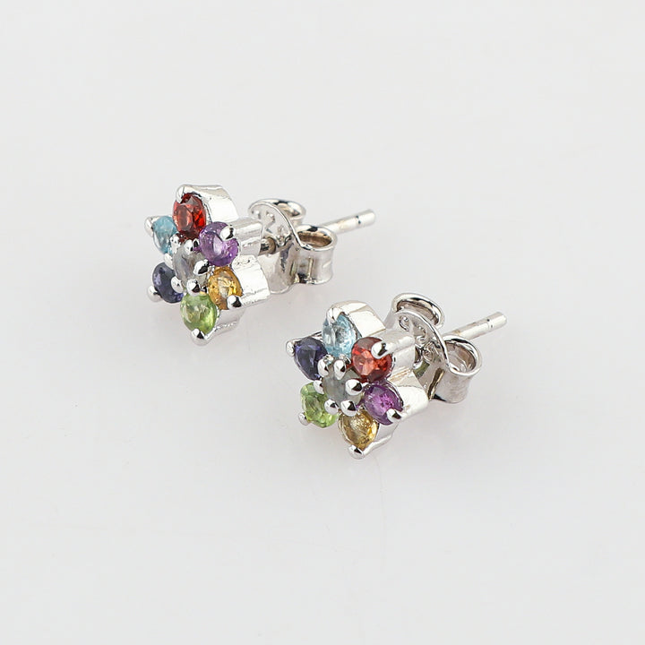 AA+ 7 Multi-color Gem Flower Stud Earrings for Women crafted from 925 Silver