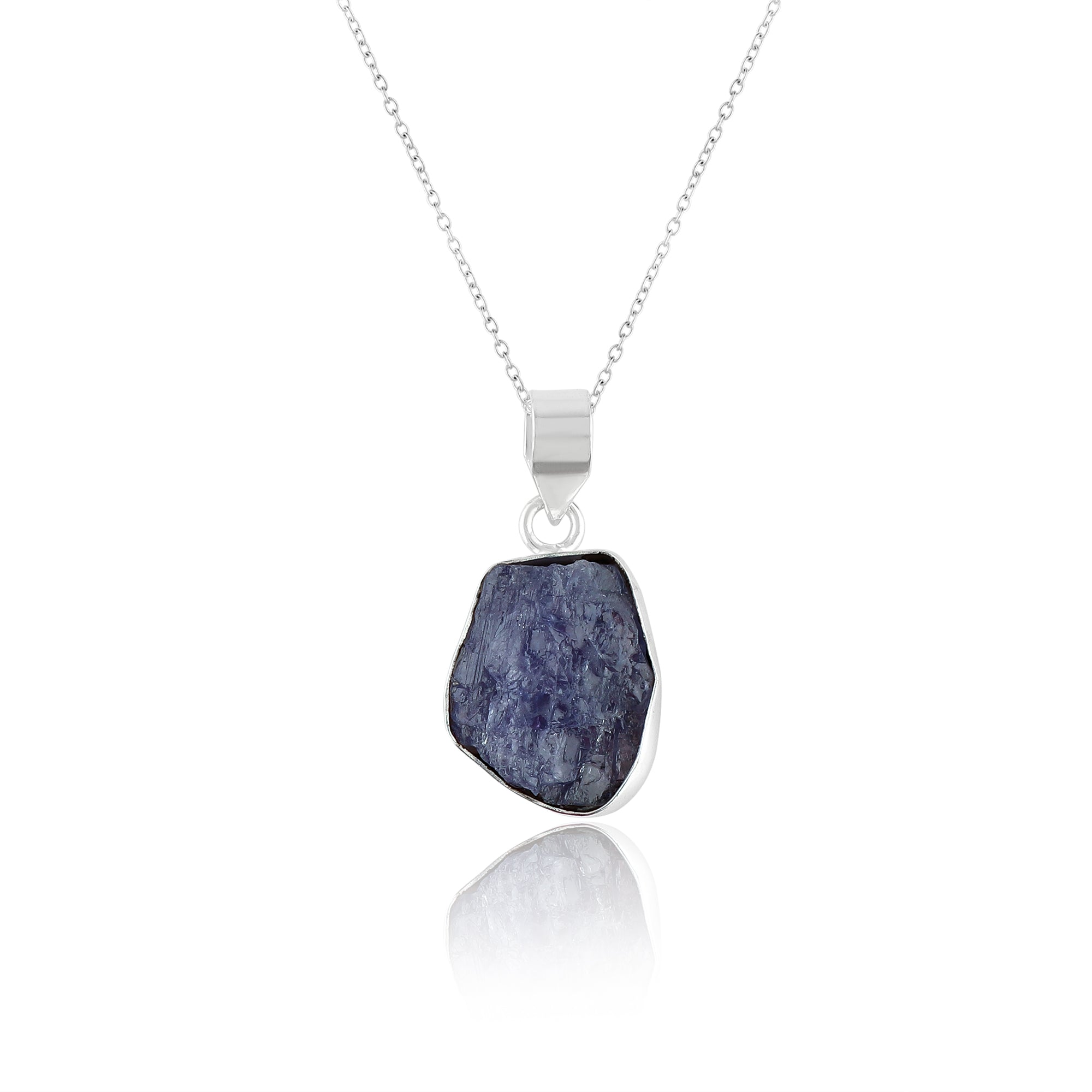 Natural tanzanite raw gemstone pendant in bezel setting displayed on an 18-inch silver-plated chain against a white background
