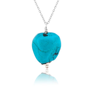Natural Tibetan Turquoise Raw Crystal Pendant Necklace on Silver-Plated Chain