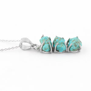 Stunning Pendant Necklace in Natural Turquoise Raw Gemstone in Silver-Plated 