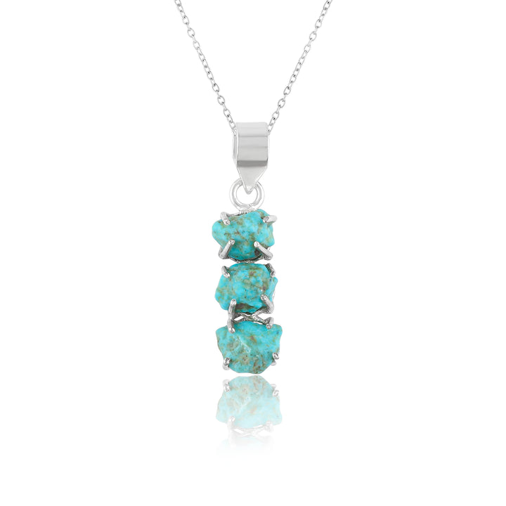 Beautiful Raw Turquoise Pendant Necklace with Silver Plated Prong Setting