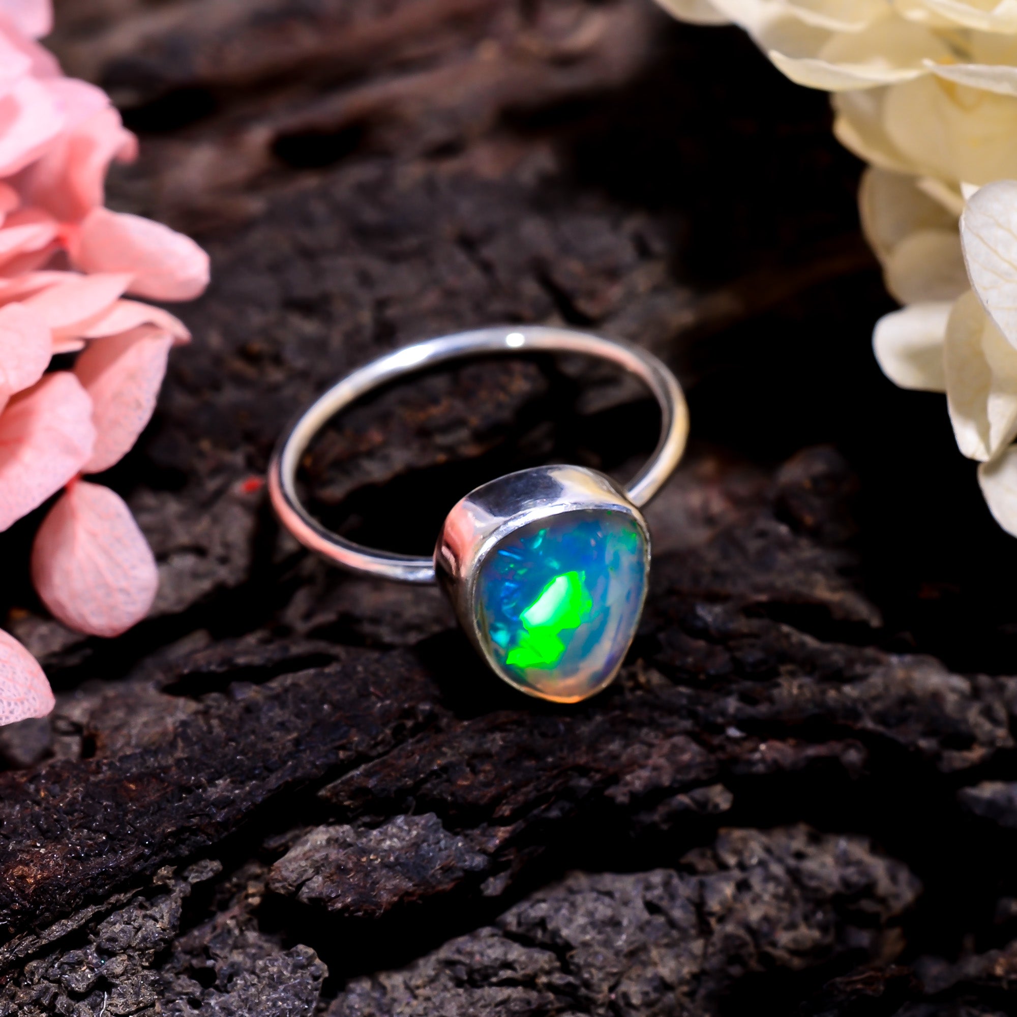 Ethnic-style raw opal ring with 11×9 mm white gemstone, handmade silver setting
