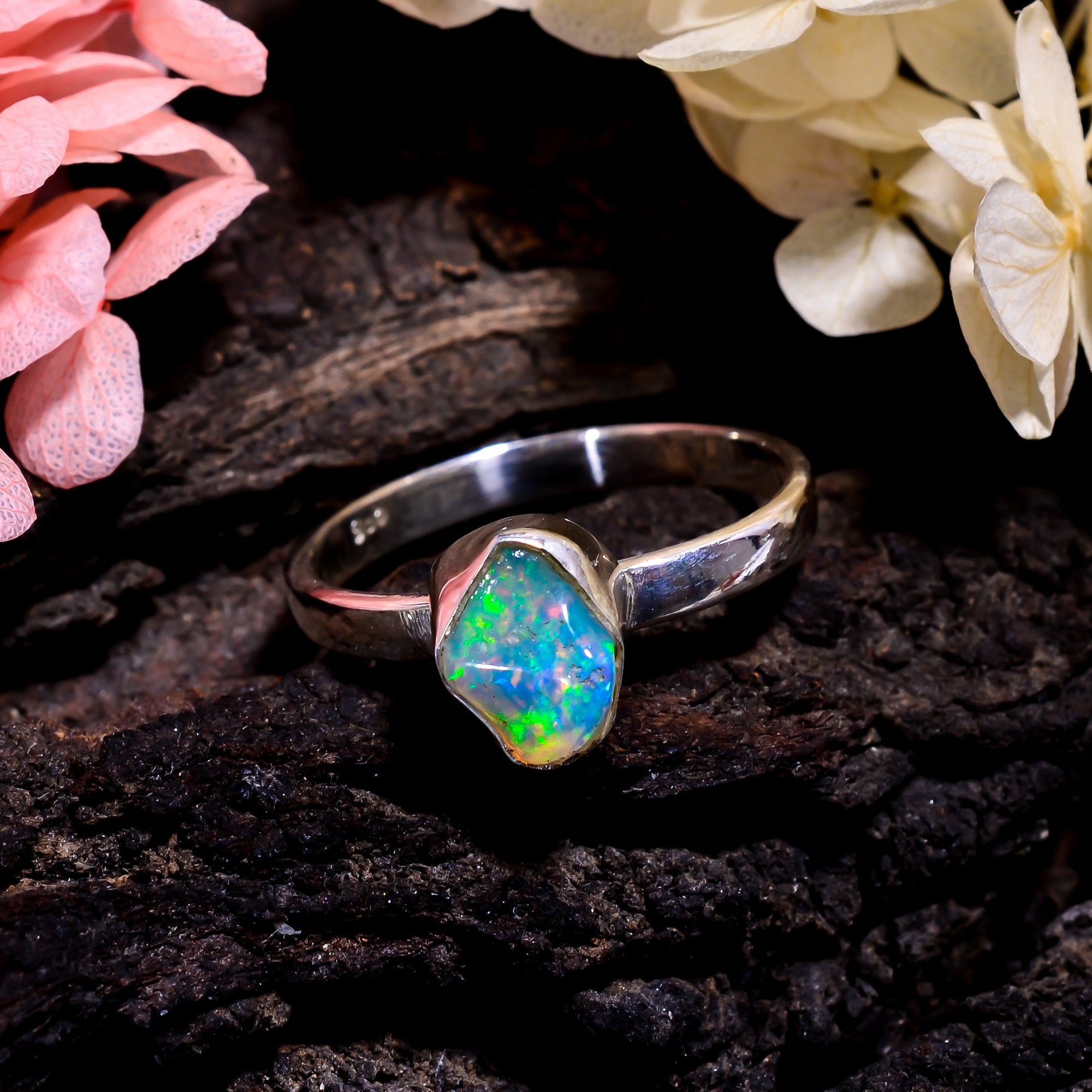 Stunning White Ethiopian Opal Rings in 925 Sterling Silver