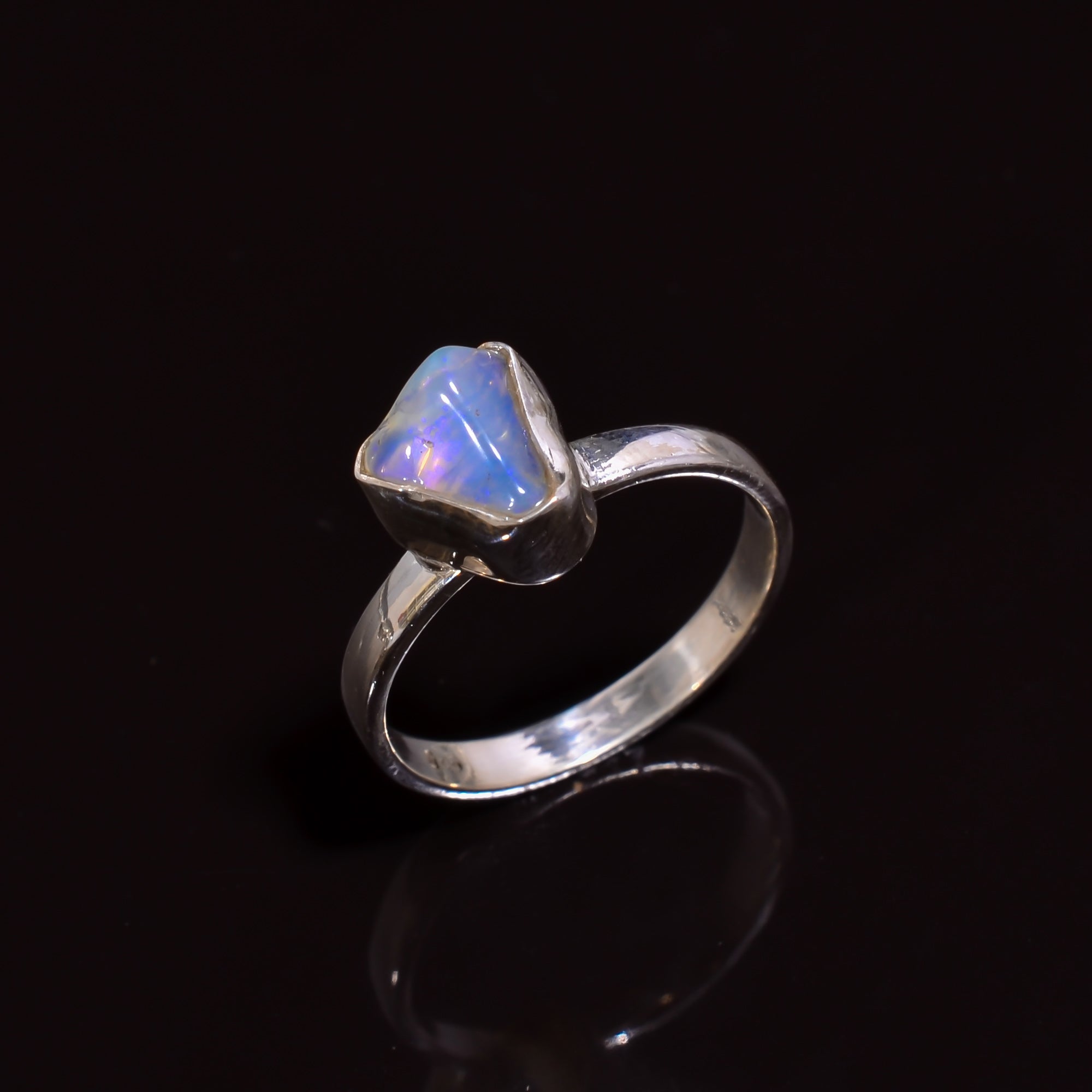 Handmade sterling silver ring with natural 8×8 mm white Raw Ethiopian opal