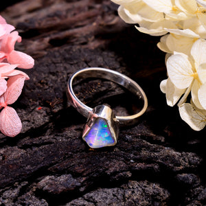 Natural white Raw Ethiopian opal gemstone ring, handmade silver, size 7