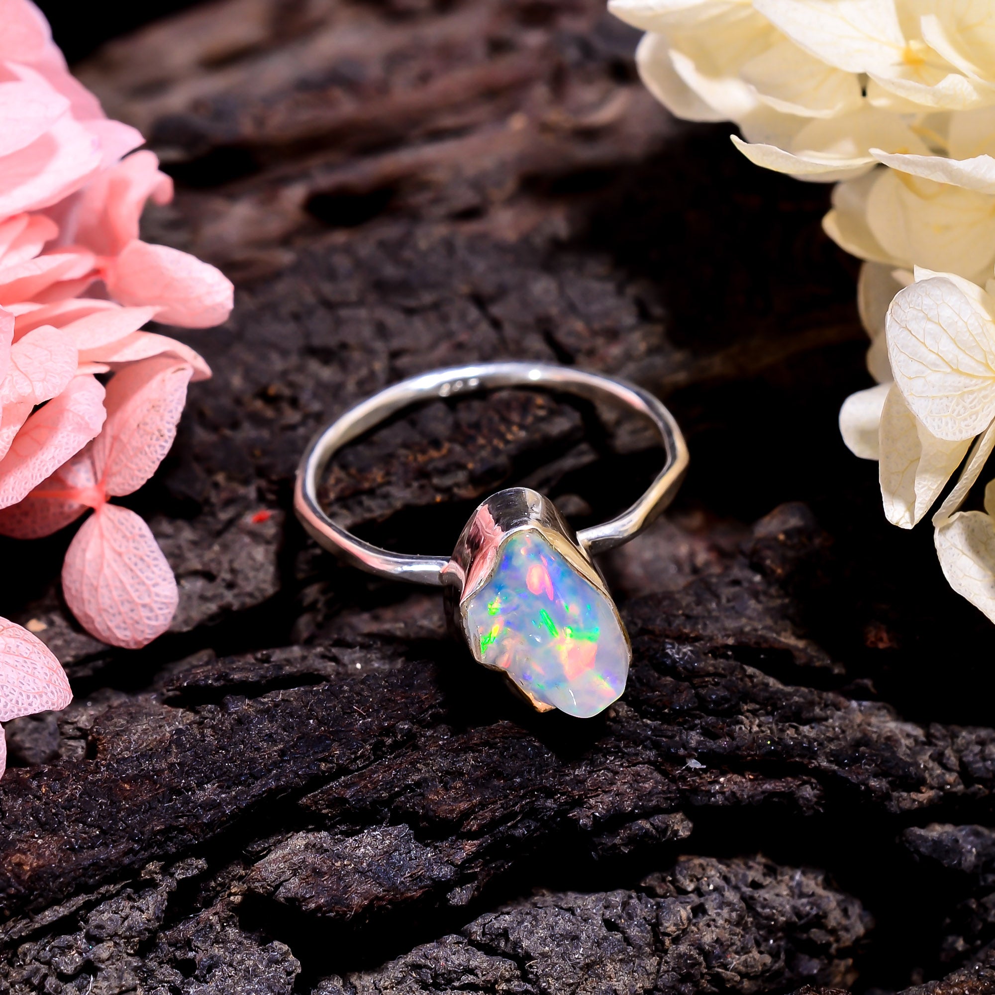 Natural Raw White Ethiopian Opal Ring set in 925 Sterling Silver