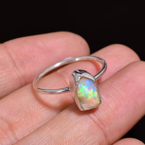Natural 10×7 mm white opal gemstone ring, ethnic style handcrafted silver