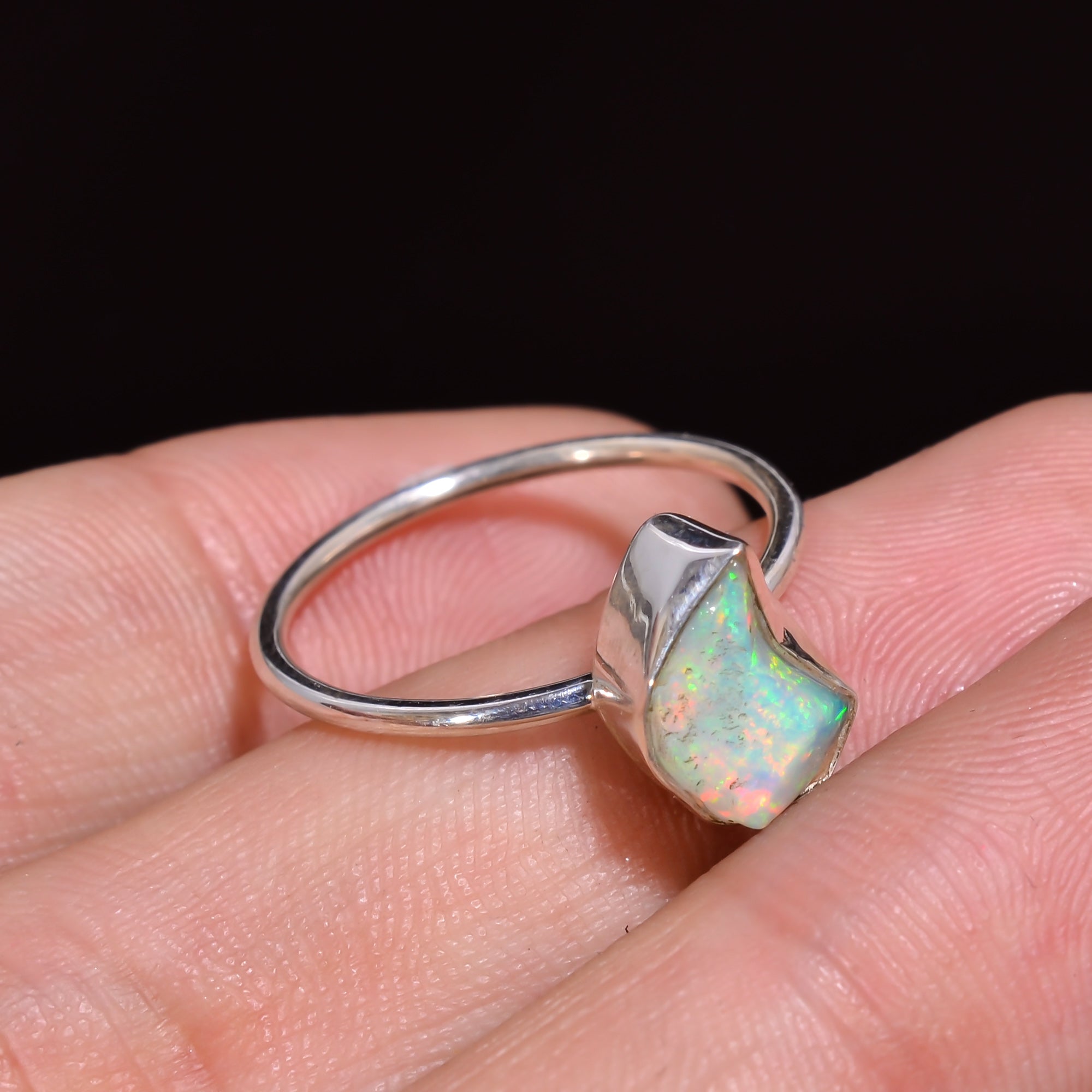 Handcrafted 925 silver ring with Raw white Ethiopian opal, size 7