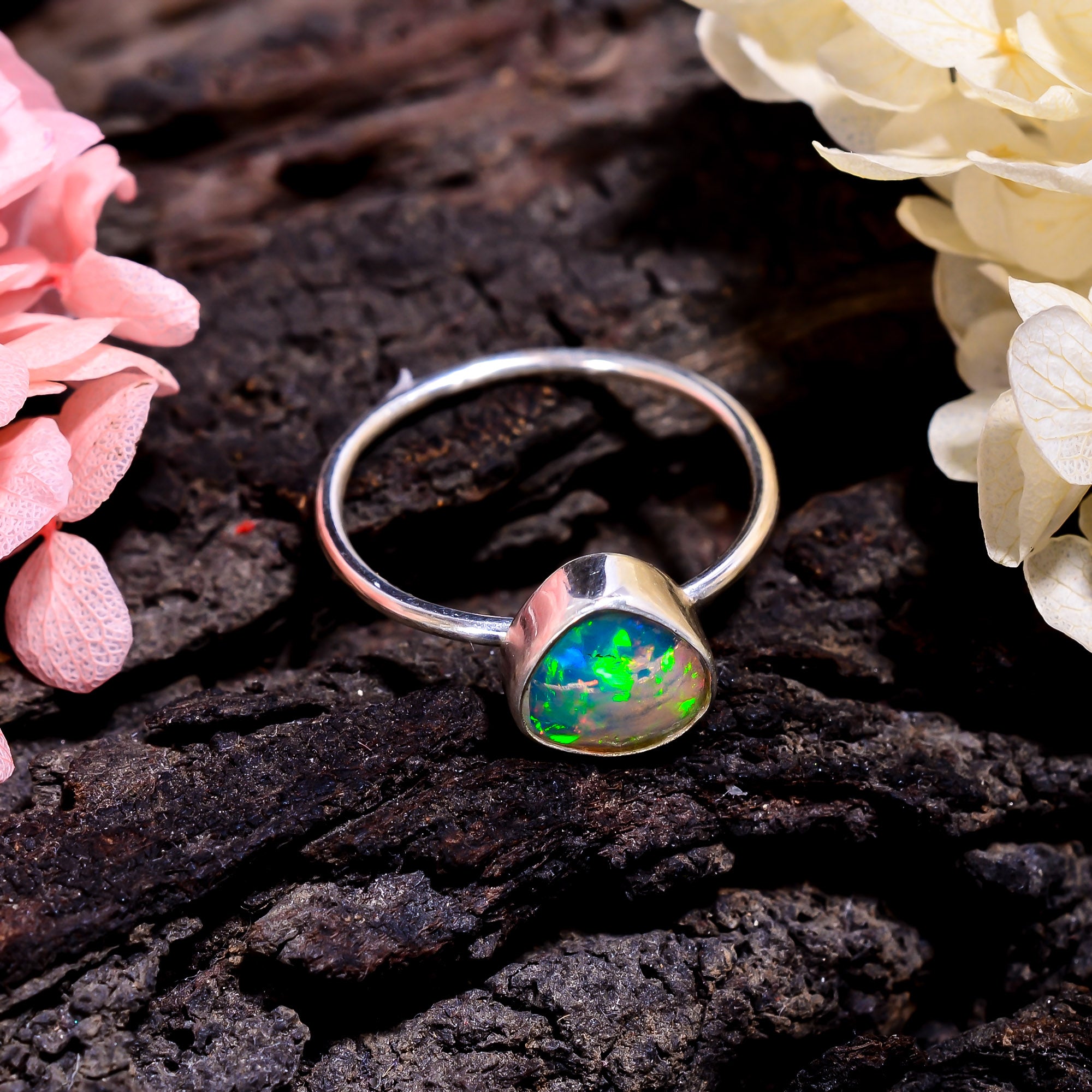Elegant White Raw Ethiopian Opal Ring for Women, set in a 925 Sterling silver