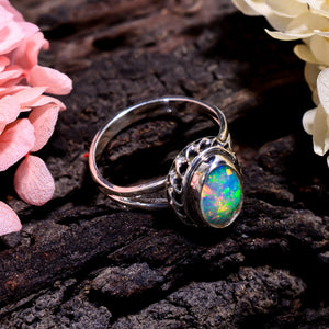Natural white Ethiopian opal set in handcrafted sterling silver vintage ring