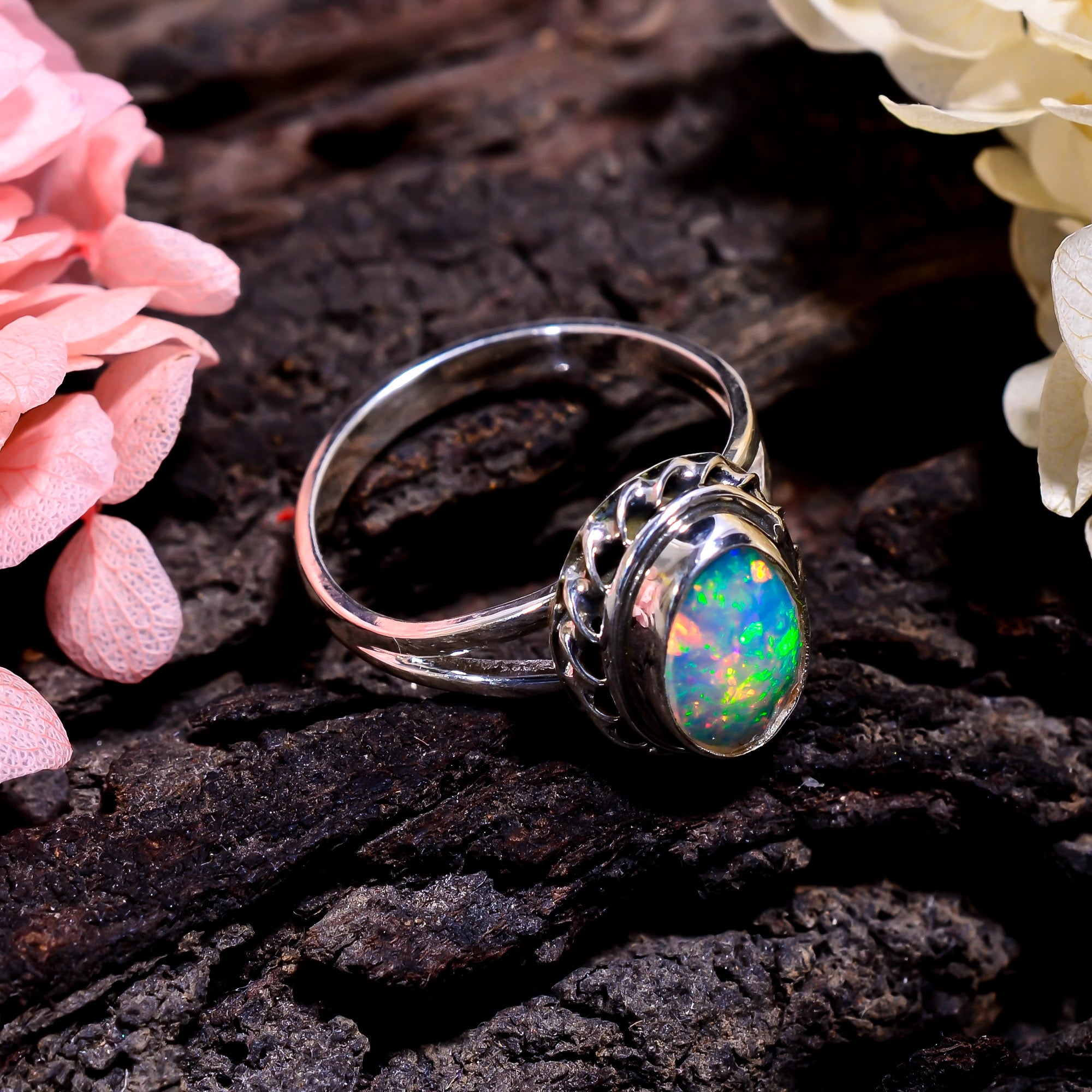 Natural white Ethiopian opal set in handcrafted sterling silver vintage ring